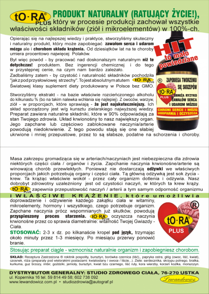 TO-RA - ZAPOBIEGA ZAWAŁOM SERCA I UDAROM MÓZGU, OCZYSZCZA NACZYNIA KRWIONOŚNE - 100ML